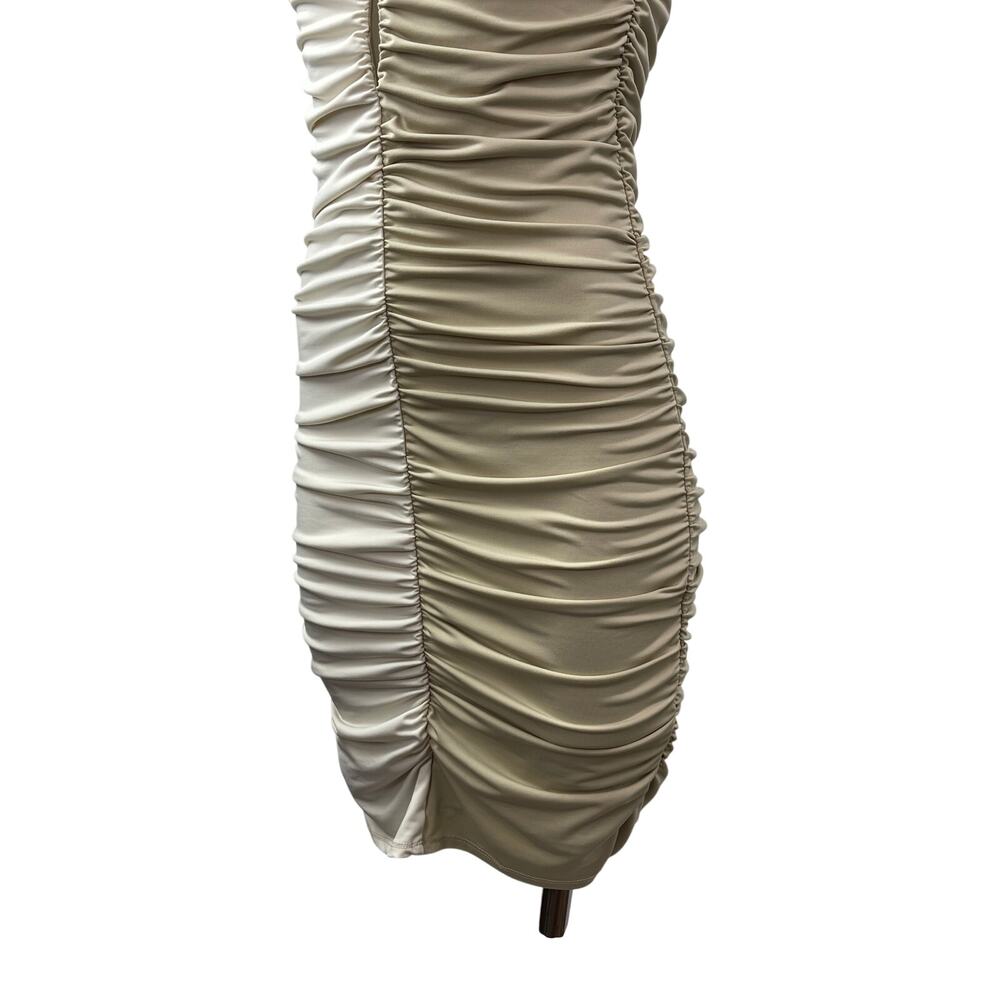 Abercrombie & Fitch Beige Khaki Colorblock Cutout Ruched Mini Bodycon Dress ST - Picture 3 of 7
